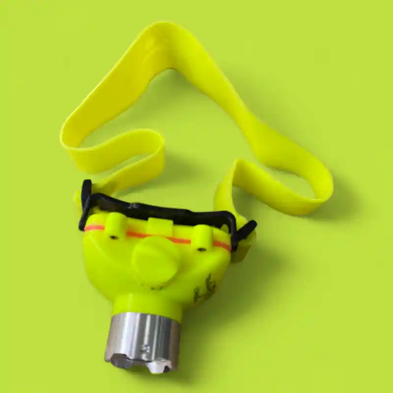 Linterna minera acuática verde neón con banda para cabeza, modelo Ak3511, ideal para trabajos subacuáticos.