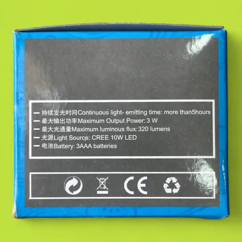 Caja de linterna minera acuática con especificaciones: 5 horas, 3W, 320 lúmenes, LED CREE 10W, 3 pilas AAA.