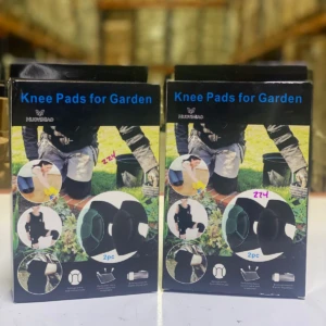 Caja de rodilleras de espuma para jardín, con de persona usándolas y detalle de las rodilleras 2pc.