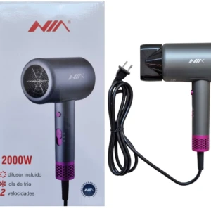 Secador de cabello NIA gris y rosa 2000W con difusor, ola de frío y dos velocidades.