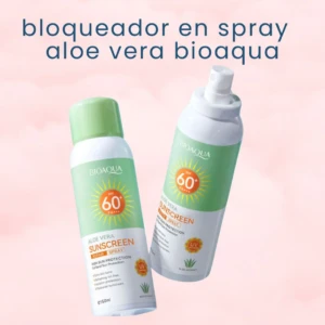 Spray solar Bioaqua Aloe Vera SPF 60 PA+++, alta protección, refrescante y ligera, ideal para el cuidado de la piel.