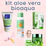Kit Bioaqua Aloe Vera: limpiador, protector solar en spray, crema y mascarilla facial.