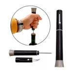 Sacacorchos de presión de aire eléctrico, negro, con detalles grises, para botellas de vino.