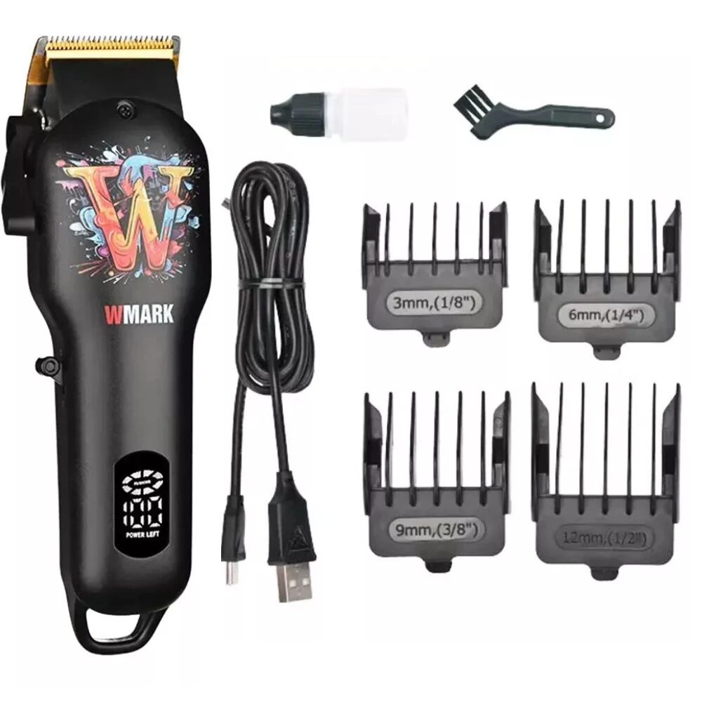 Máquina cortapelo WMARK negra con pantalla digital, cable USB, aceite, cepillo y 4 peines guía de diferentes tamaños.