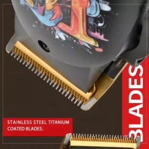 Máquina para cabello NG-123 con hoja de acero inoxidable recubierta de titanio y diseño artístico.