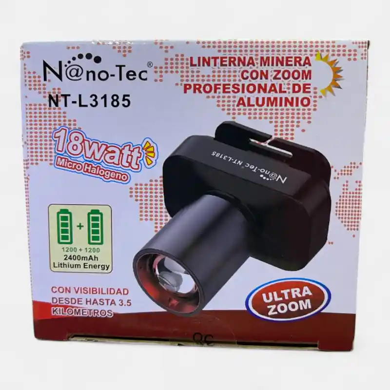 Linterna minera Nanotec NT-L3185 de aluminio, 18W micro halógeno, con zoom ultra, 2400mAh, 3.5km visibilidad.