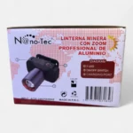 Linterna minera Nanotec profesional de aluminio, negra, con zoom, puerto de carga y LED.