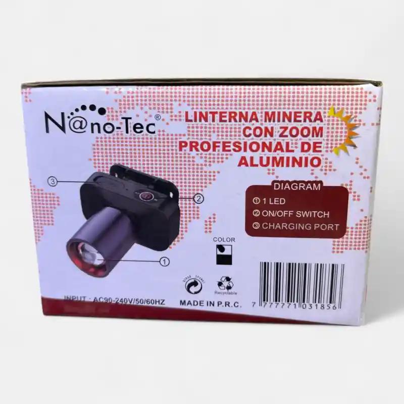 Linterna minera Nanotec profesional de aluminio, negra, con zoom, puerto de carga y LED.