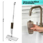 Trapeador con spray 360 ps-3, alto 123 cm, ancho mopa 37 cm, llenando contenedor bajo grifo.