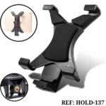 Soporte ajustable negro para tablet con base para trípode y rosca estándar.