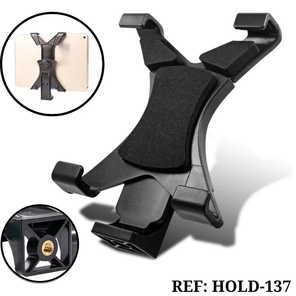 Soporte ajustable negro para tablet con base para trípode y rosca estándar.