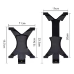 Set de dos soportes negros para trípode, uno de 15.7cm y otro de 20cm, con medidas detalladas.