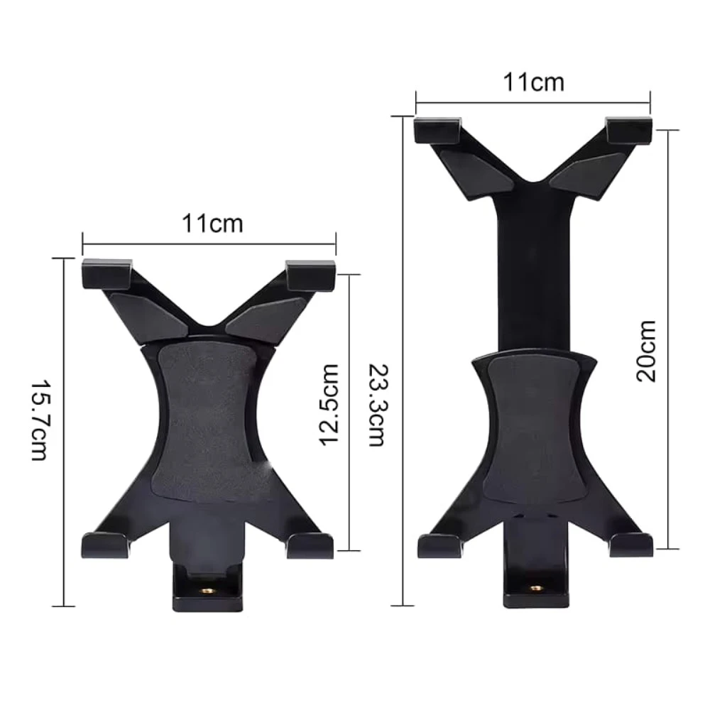 Set de dos soportes negros para trípode, uno de 15.7cm y otro de 20cm, con medidas detalladas.