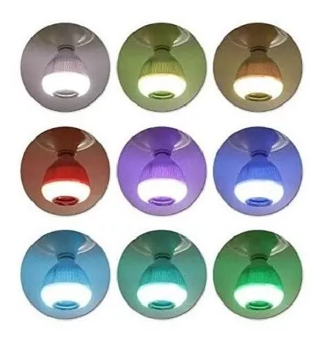 Bombillos LED musicales con altavoz Bluetooth en varios colores: rojo, púrpura, azul, verde y blanco.