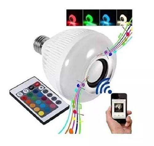 Bombillo LED musical Bluetooth RGB con control remoto, reproduce música y cambia colores.