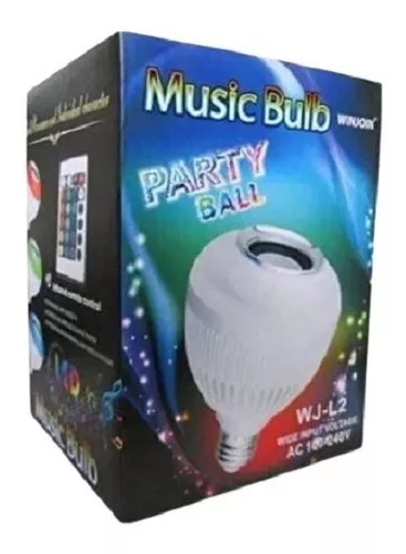 Bombillo LED musical tipo "Party Ball" blanco, con altavoz Bluetooth y control remoto, para fiestas y eventos.