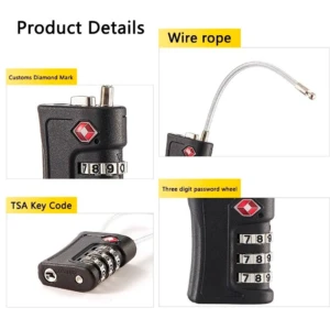 Set x2 candados TSA negros de clave 3 dígitos con cable de acero y marca de aduanas.