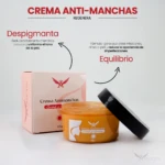 Crema antimanchas Afrodita 60g, incluye caja rosada y tarro naranja con tapa negra, destaca su acción despigmentante y equilibrante para la piel.