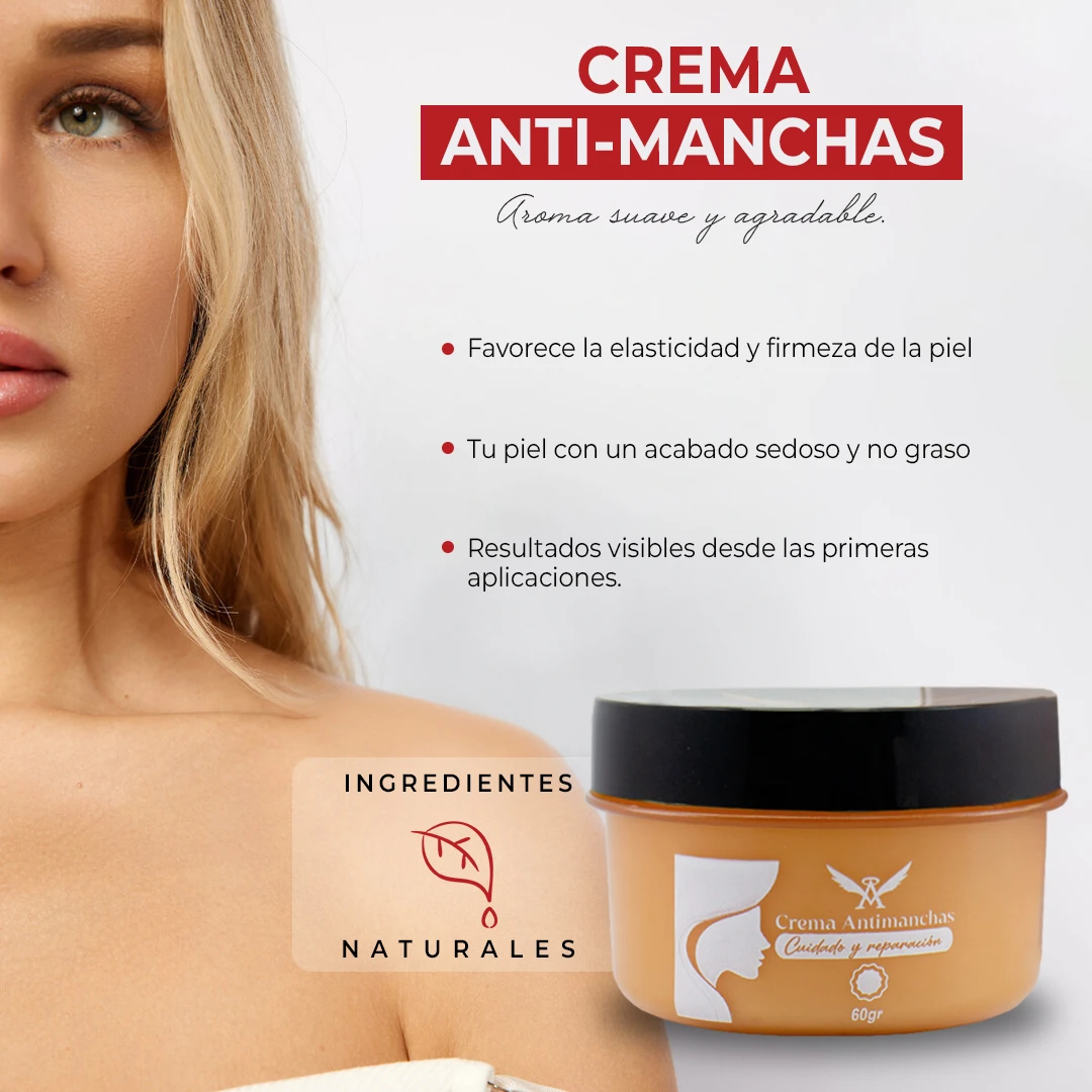 Afrodita crema antimanchas de 60g en tarro color ámbar con tapa negra, junto a mujer joven y lista de beneficios para la piel e ingredientes naturales.