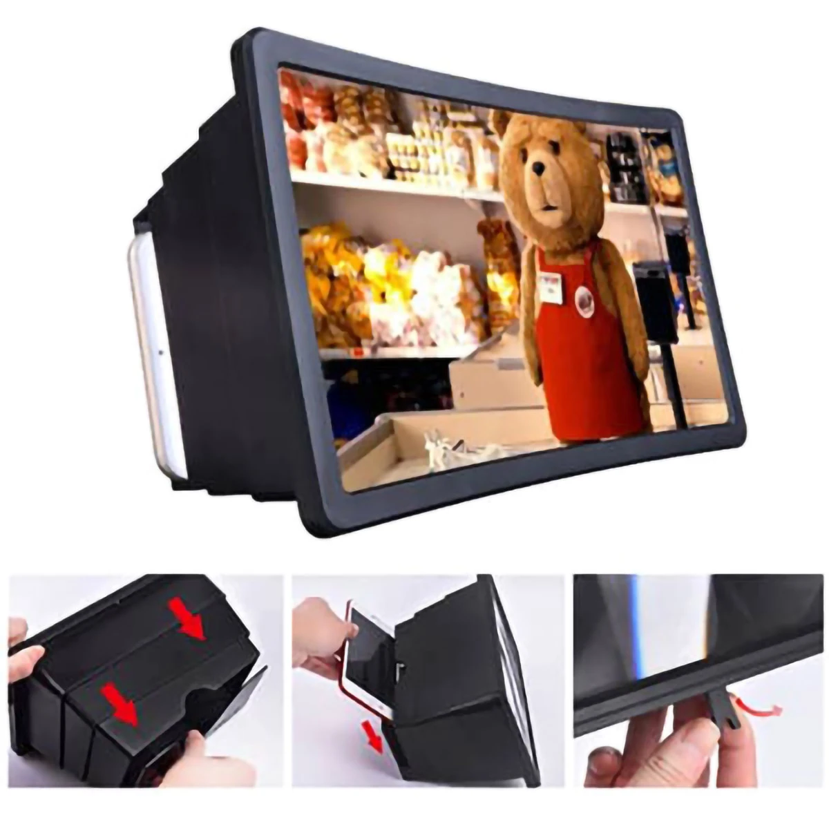 Amplificador 3D F2 para móviles, pantalla expandida con diseño plegable y soporte para celular.