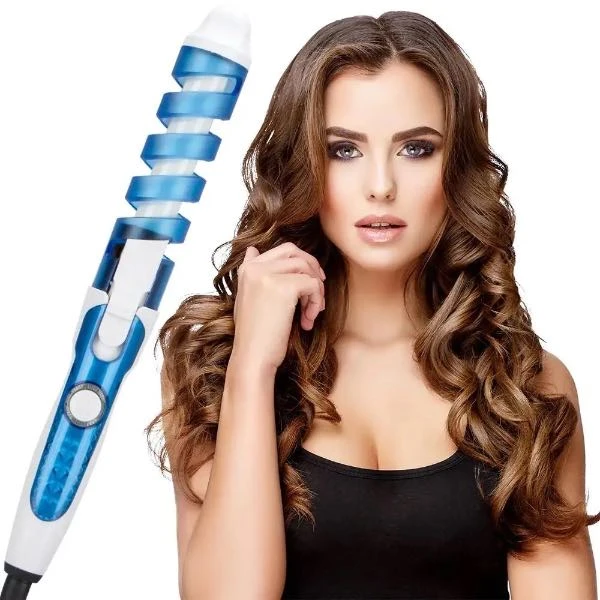 Rizadora de cabello azul y blanca con guía en espiral, junto a mujer de cabello castaño con ondas definidas, destacando su diseño ergonómico y moderno.