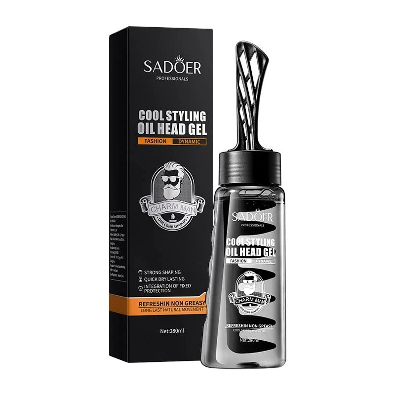 Gel para peinar Sadoer de 280ml, incluye caja negra con diseño de hombre con barba y envase cilíndrico con peine integrado en la tapa.