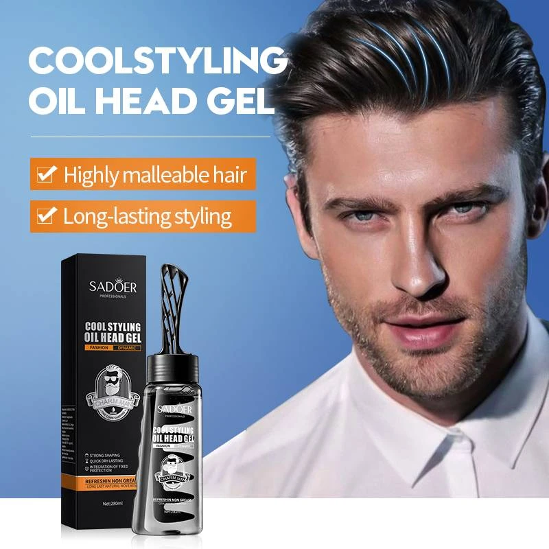 Gel para peinar Sadoer de 280ml, set con caja y envase aplicador tipo peine, formulado para fijación duradera y acabado maleable en cabello masculino.