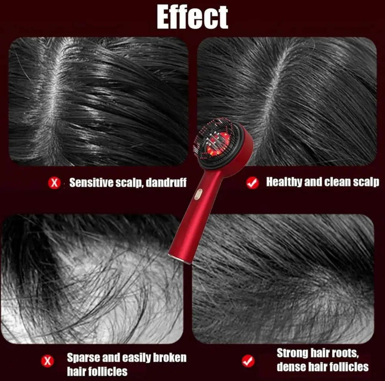 Cepillo masajeador capilar rojo con luz infrarroja para fortalecer raíces y limpiar el cuero cabelludo, comparando resultados de salud capilar.