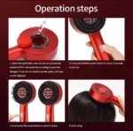 Cepillo eléctrico masajeador capilar rojo con tanque superior para lociones, puntas masajeadoras, luz roja y botones de control para cuidado del cabello.