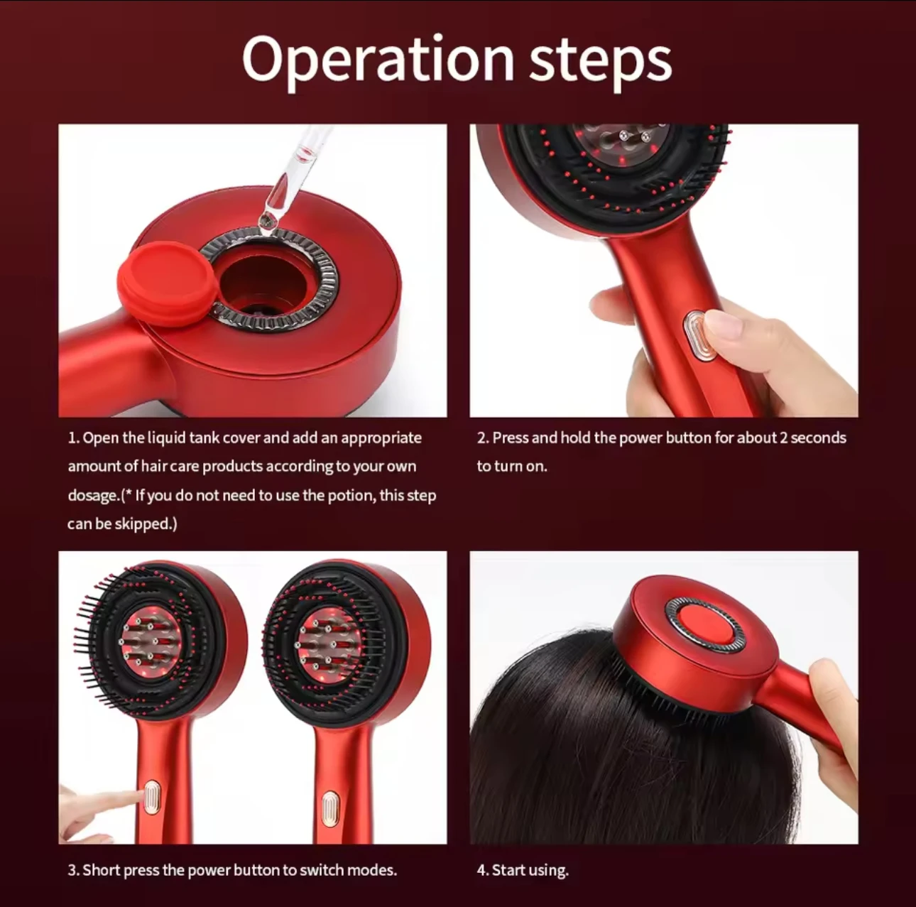 Cepillo eléctrico masajeador capilar rojo con tanque superior para lociones, puntas masajeadoras, luz roja y botones de control para cuidado del cabello.