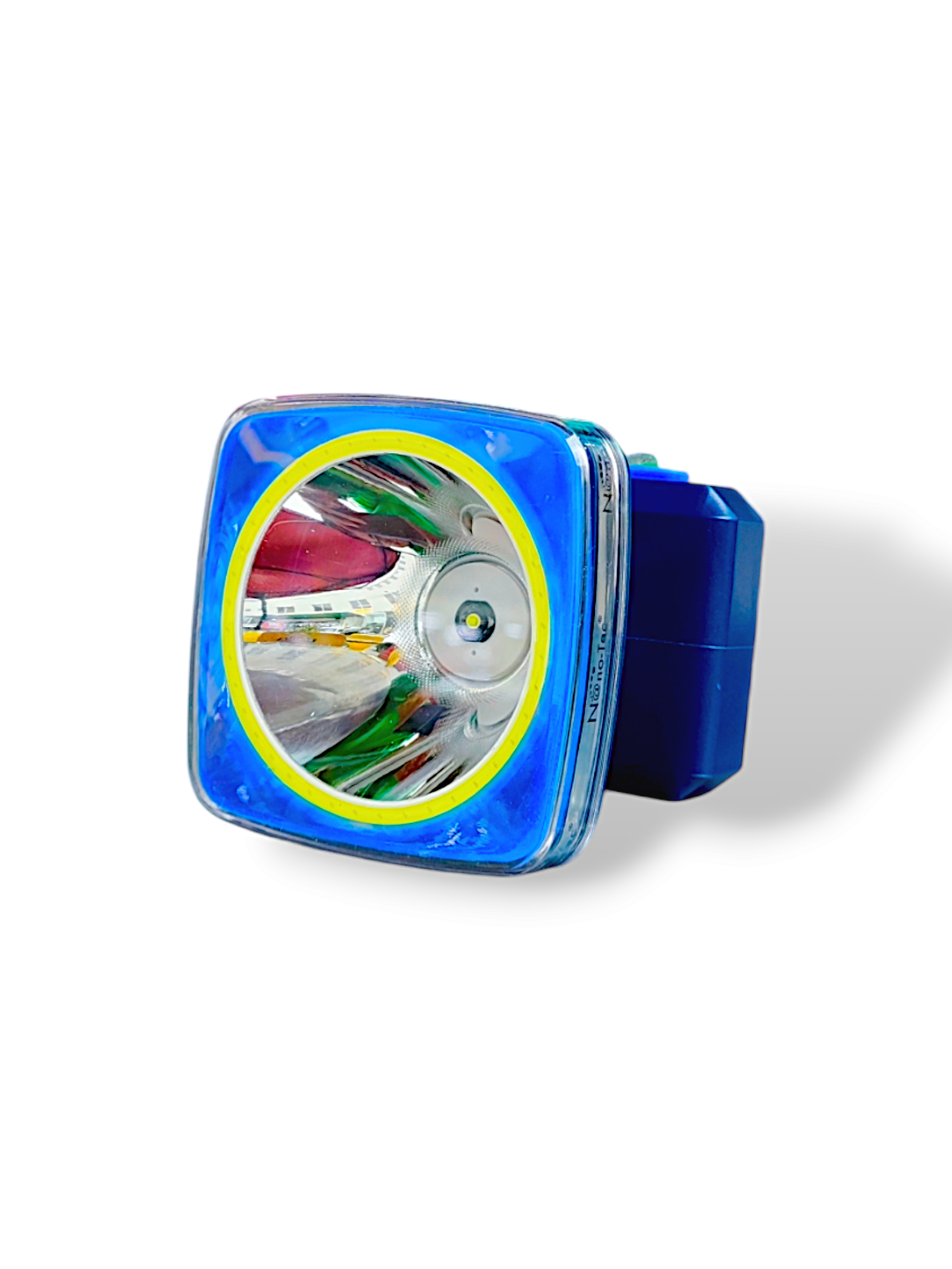 Linterna frontal azul con borde amarillo y LED blanco, vista lateral.