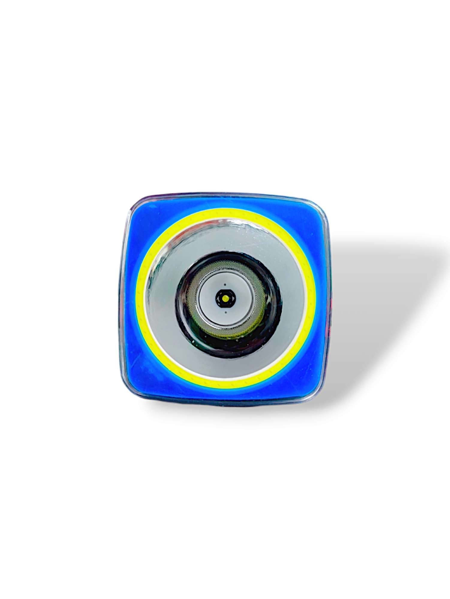 Linterna led Nt-L3171, cuerpo azul, lente circular plateado con aro amarillo, luz blanca.