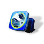 Linterna frontal Nano-Tec Nt-L3171 azul con haz potente y borde amarillo, ideal para exploración.