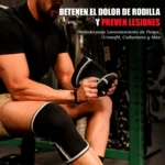 Hombre con rodillera de neopreno negra con líneas blancas, sentando en gimnasio, texto: "DETIENEN EL DOLOR DE RODILLA Y PREVEN LESIONES".