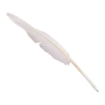 Pluma blanca estilizada, con punta de bolígrafo plateada, ideal para escribir o decorar con un toque elegante.