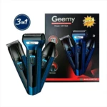 Máquina Geemy 3 en 1 GM-566 azul y negra, con 3 cabezales de afeitado y recorte.