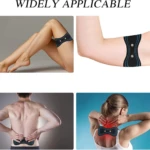 Parches Kinoki y masajedor aplicados en pierna, brazo, espalda y cuello para alivio muscular.