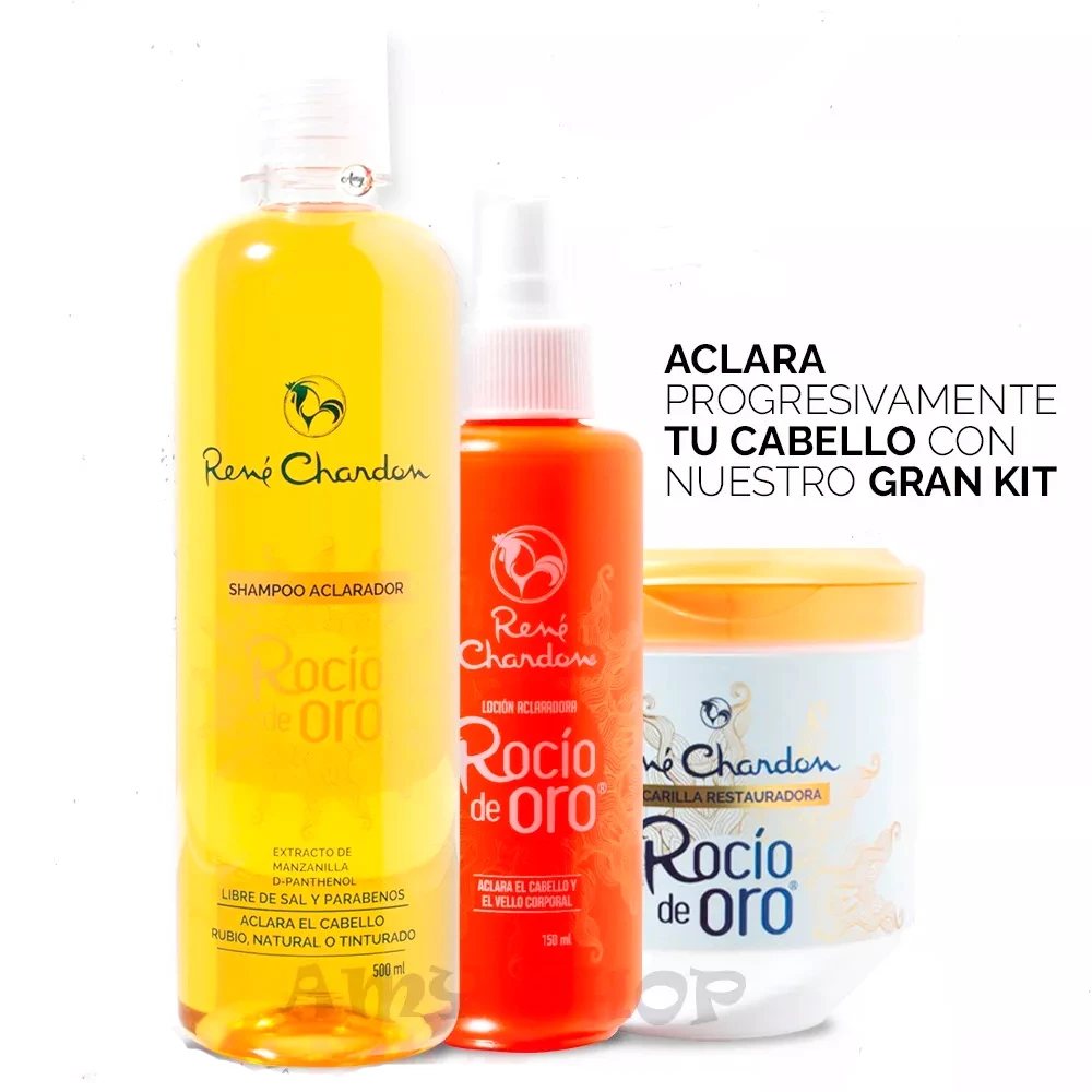 Kit aclarador Rene Chardon con shampoo 500ml, loción 150ml y mascarilla restauradora. Set diseñado para aclarar progresivamente el cabello con manzanilla.