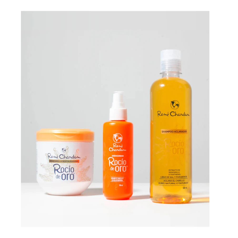 Kit de cuidado capilar René Chardon Rocío de Oro: mascarilla restauradora, loción aclaradora de 150 ml y shampoo aclarador de 500 ml con manzanilla.