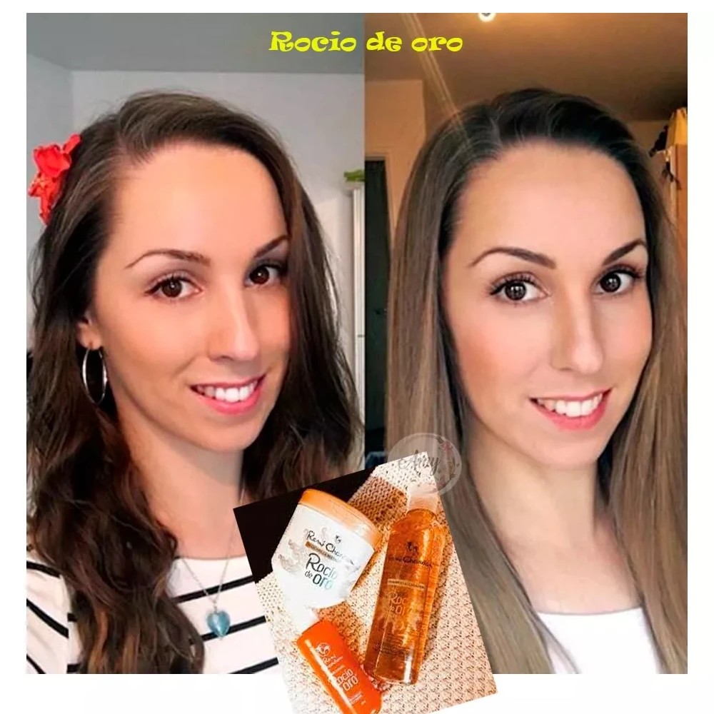 Mujer comparando resultados antes y después del uso del kit aclarador Rocío de Oro, con envases de tratamiento, champú y loción sobre una superficie textil.