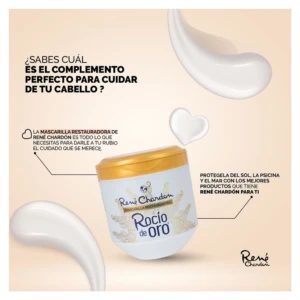 Mascarilla restauradora capilar Rocio de Oro de Rene Chardon en envase blanco con tapa dorada rodeada por texturas cremosas para el cuidado del rubio.