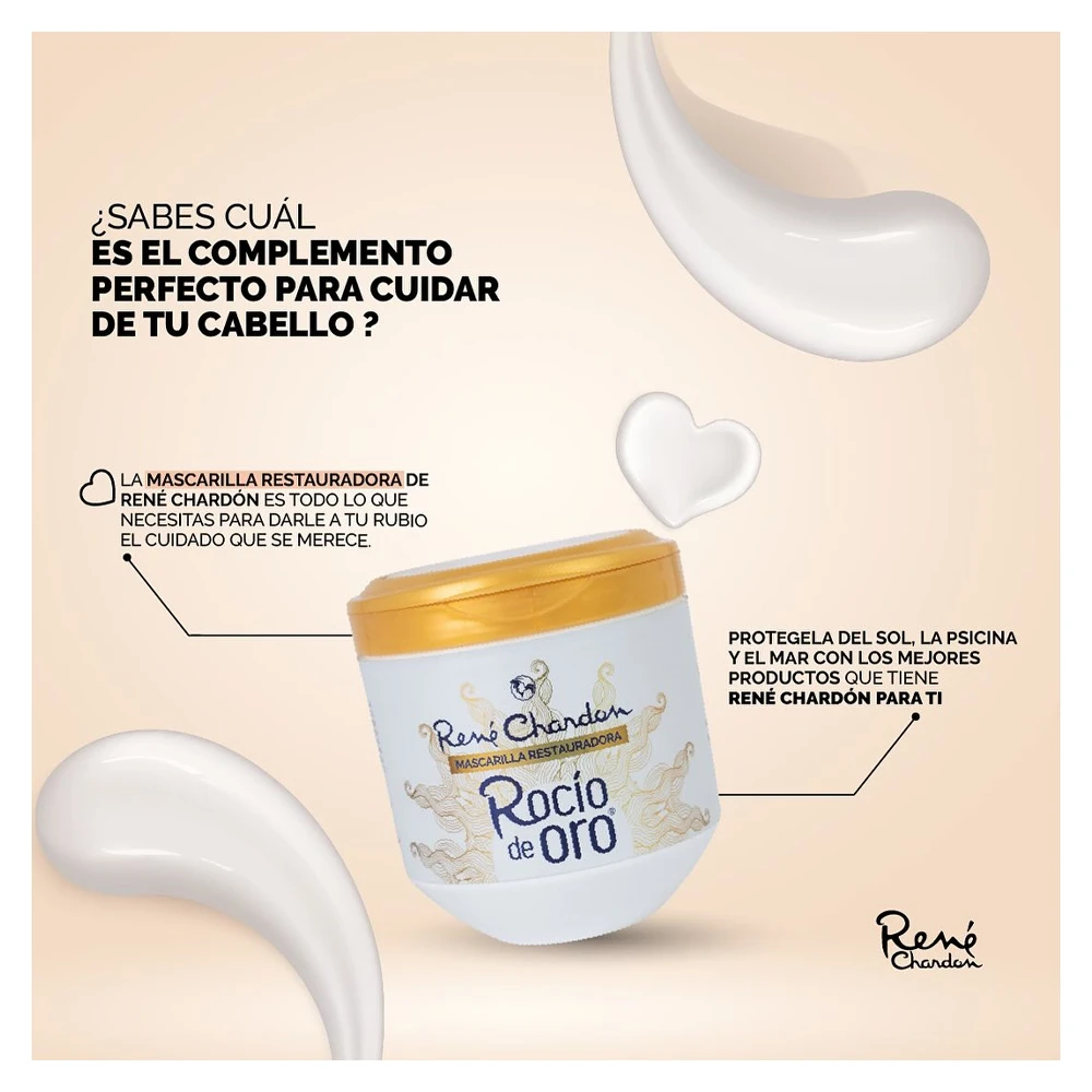 Mascarilla restauradora capilar Rocio de Oro de Rene Chardon en envase blanco con tapa dorada rodeada por texturas cremosas para el cuidado del rubio.