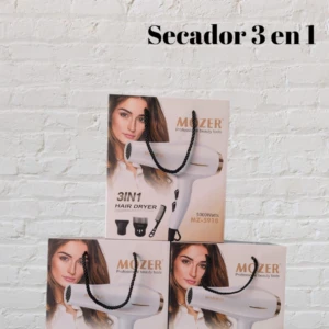 Secador de cabello blanco 3 en 1 Mz-5918, ideal para peinados lisos y brillantes.