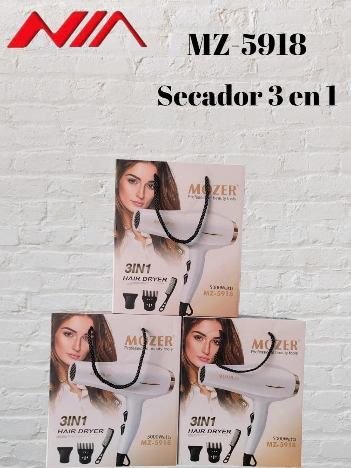 Secador de cabello blanco 3 en 1 Mz-5918, ideal para peinados lisos y brillantes.
