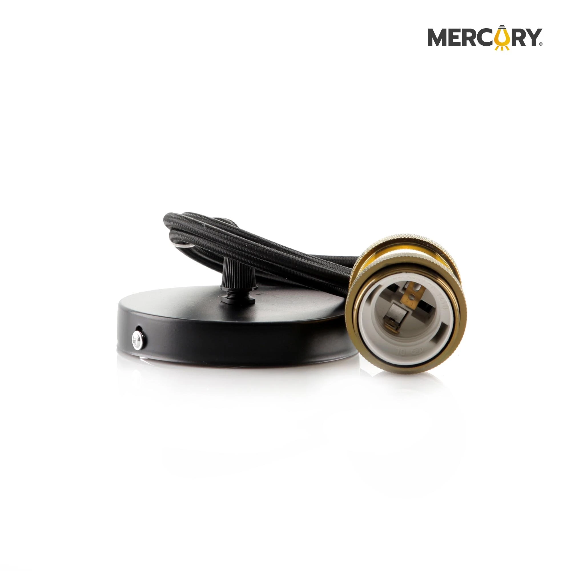 Portalampara colgante vintage E27 con base circular negra, cable textil trenzado y casquillo de acero en acabado dorado sobre fondo blanco.