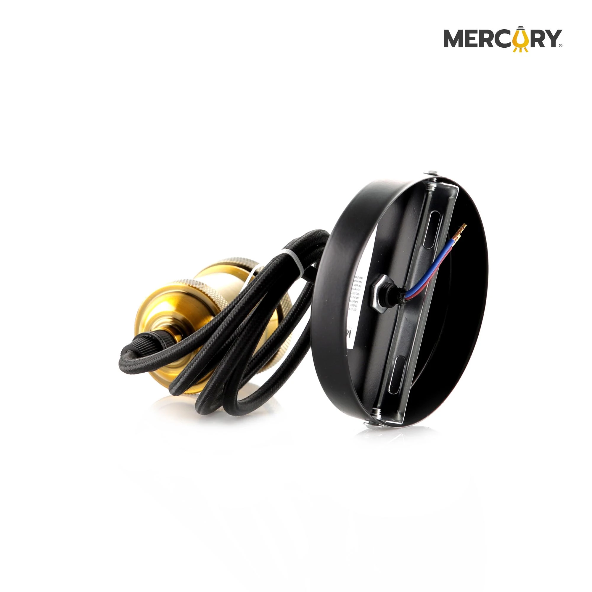 Portalampara colgante vintage E27 con base metálica negra y socket dorado texturizado, incluye cable textil negro y soporte para instalación en techo.