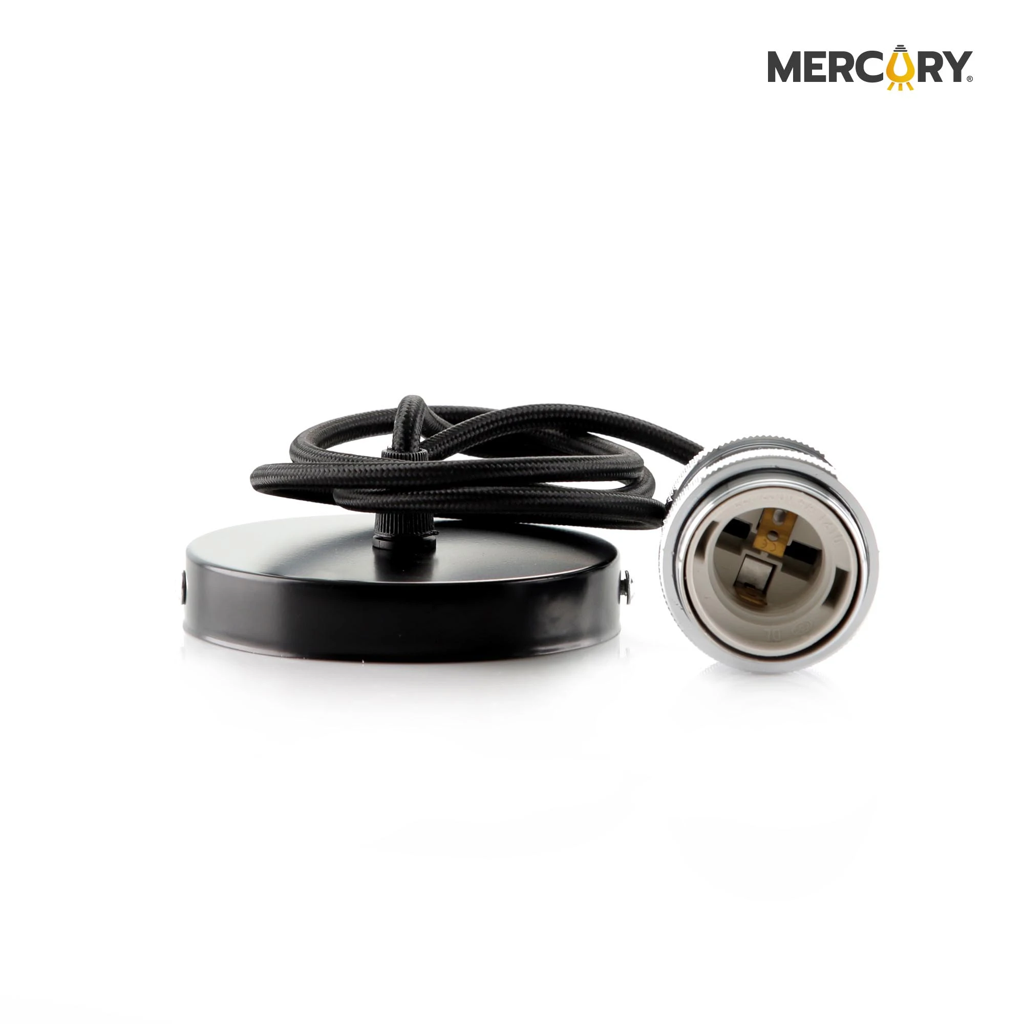 Portalampara colgante vintage E27 con acabado metálico plateado, base circular negra, cable trenzado textil y sistema de sujeción para techo.