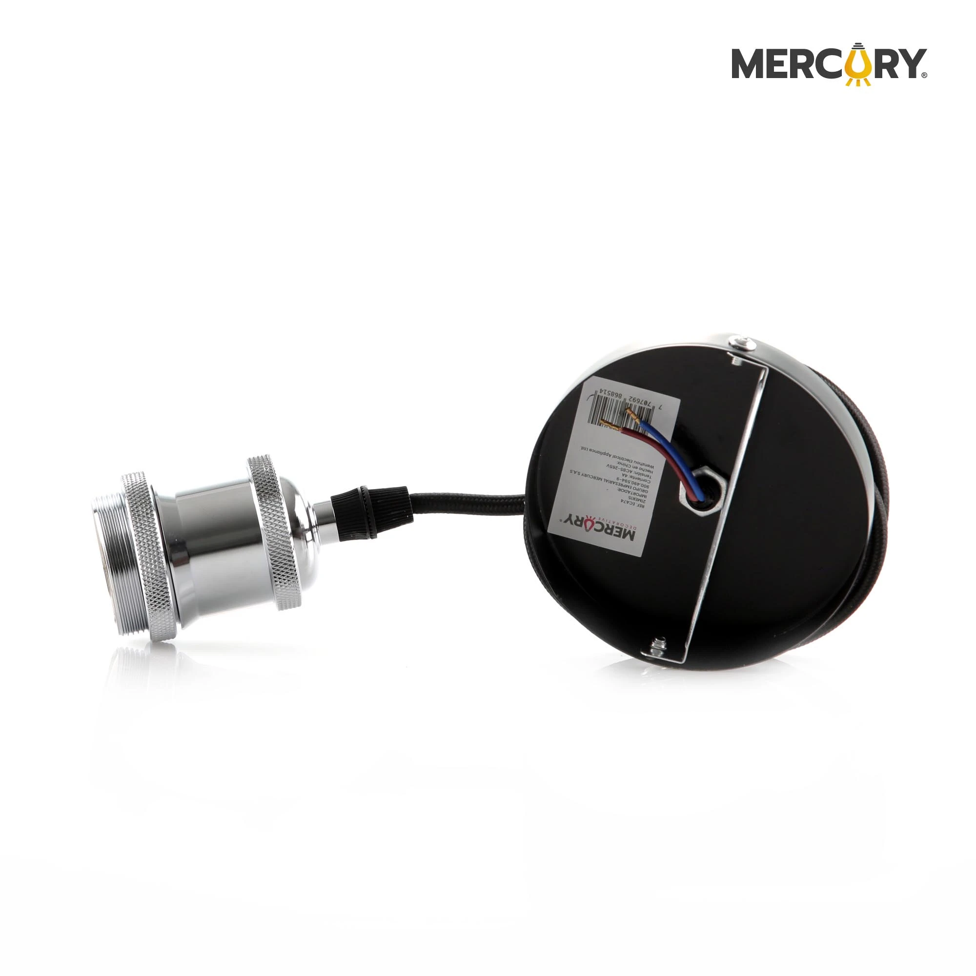 Portalamparas colgante estilo vintage con acabado plateado brillante, cable textil negro y base circular para techo, compatible con bombillas E27.