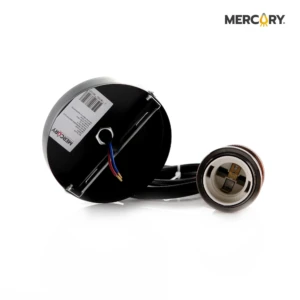 Base circular negra de montaje y soquete E27 de color cobre con cable textil negro. Incluye soporte metálico interno y cables de conexión expuestos.