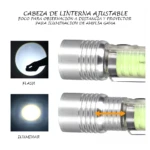 Linterna LED plateada ajustable, muestra haz de luz amplio y enfocado, ideal para observación y proyección.